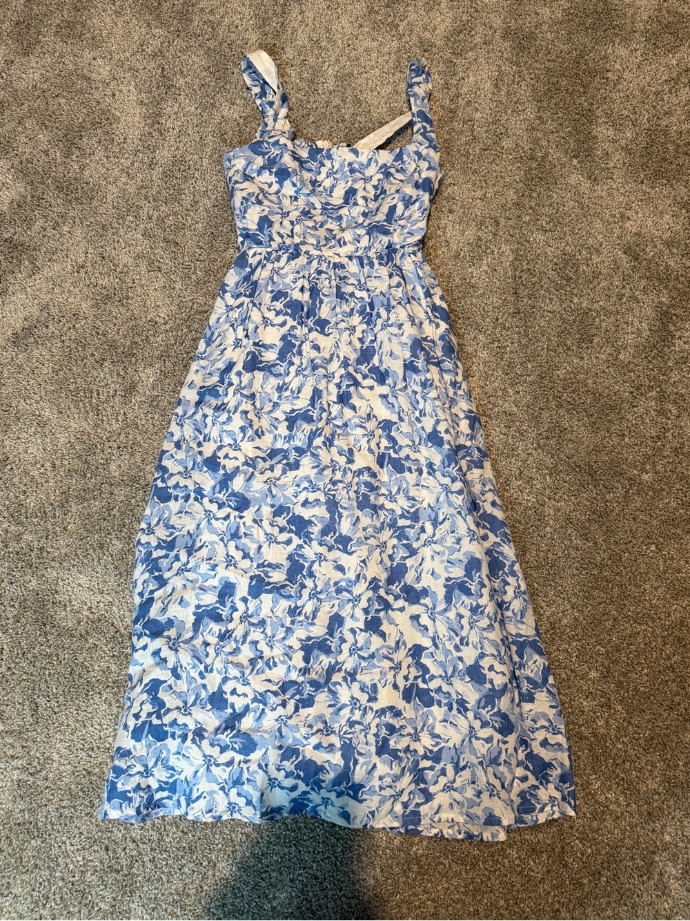Quince White Dress with Blue Floral Print